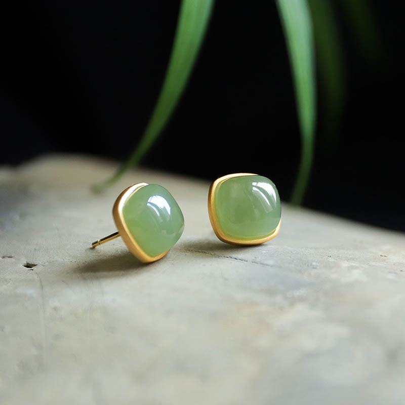 Midsummer Hetian Jade Square Stud Earrings – 18K Gold Vermeil