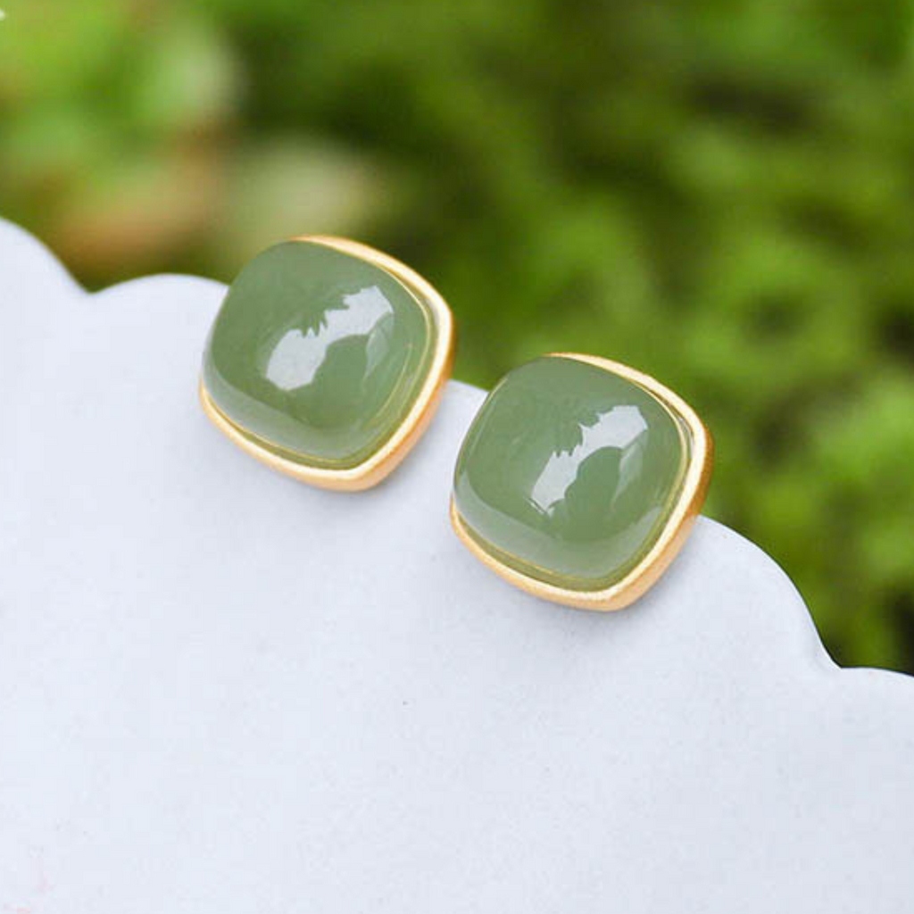Midsummer Hetian Jade Square Stud Earrings – 18K Gold Vermeil