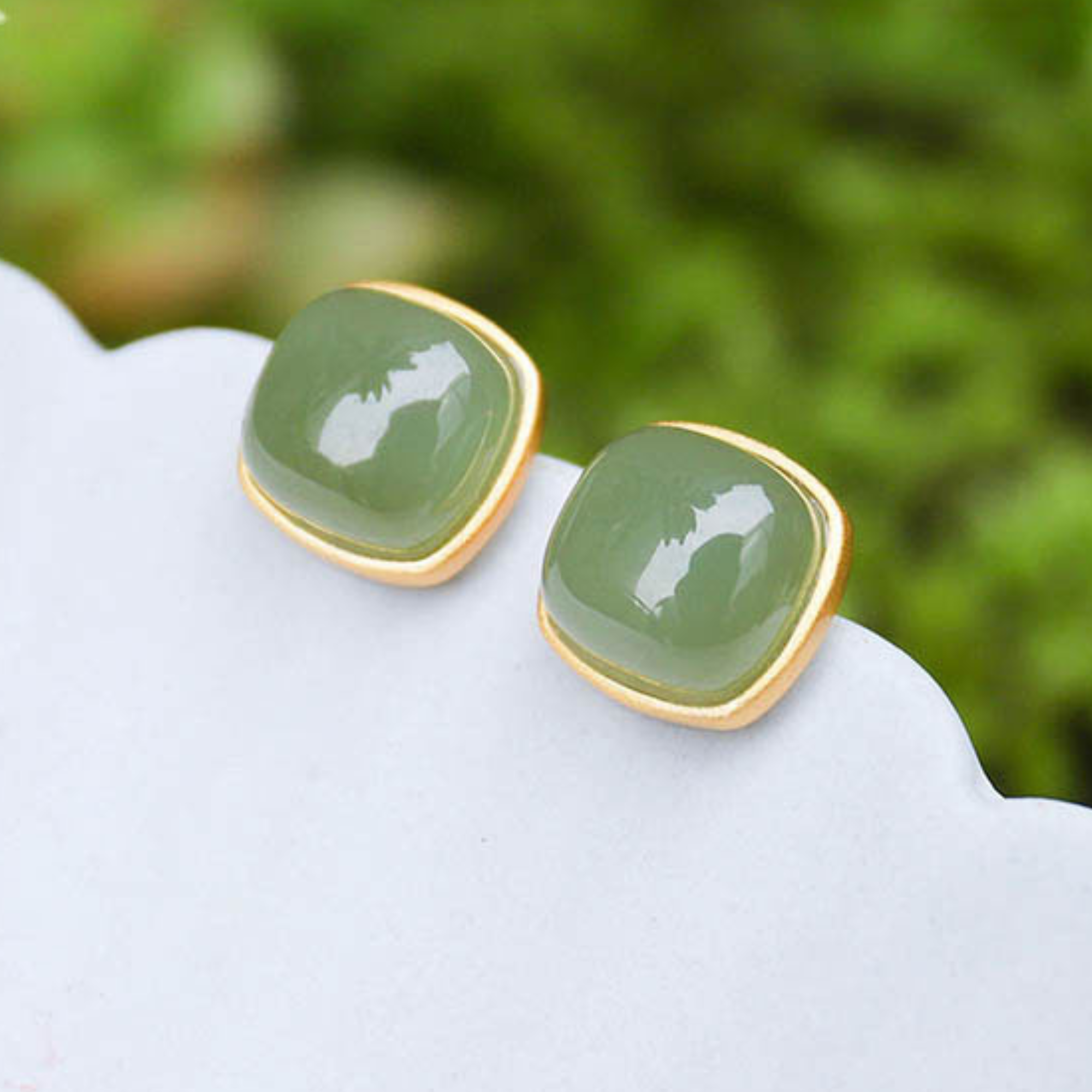 Midsummer Hetian Jade Square Stud Earrings – 18K Gold Vermeil