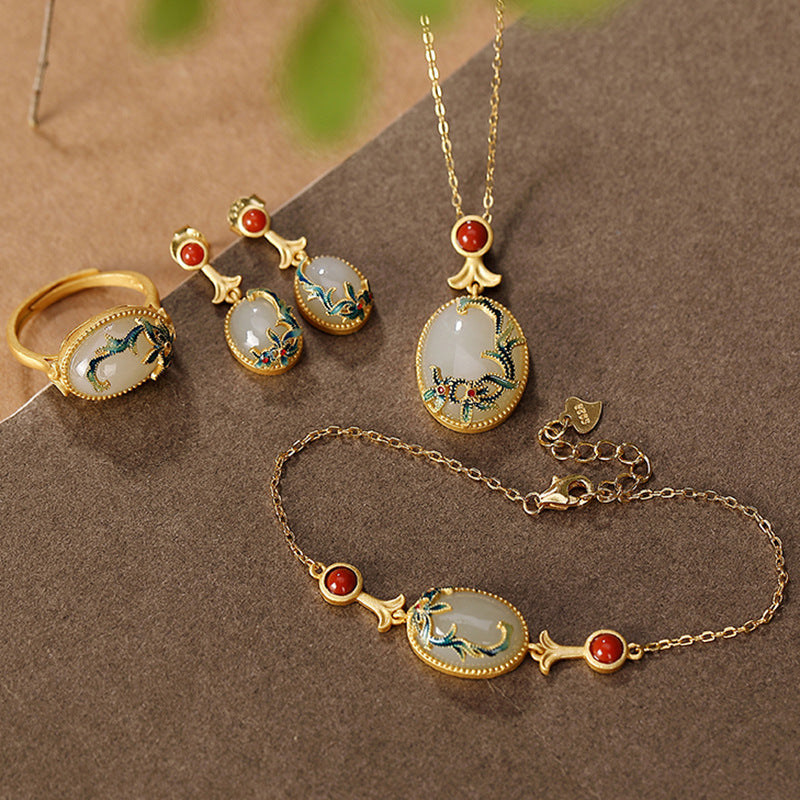 Enamel & Hetian Jade Vine Collection – Ring / Stud Earrings / Bracelet / Pendant, 18K Gold Vermeil