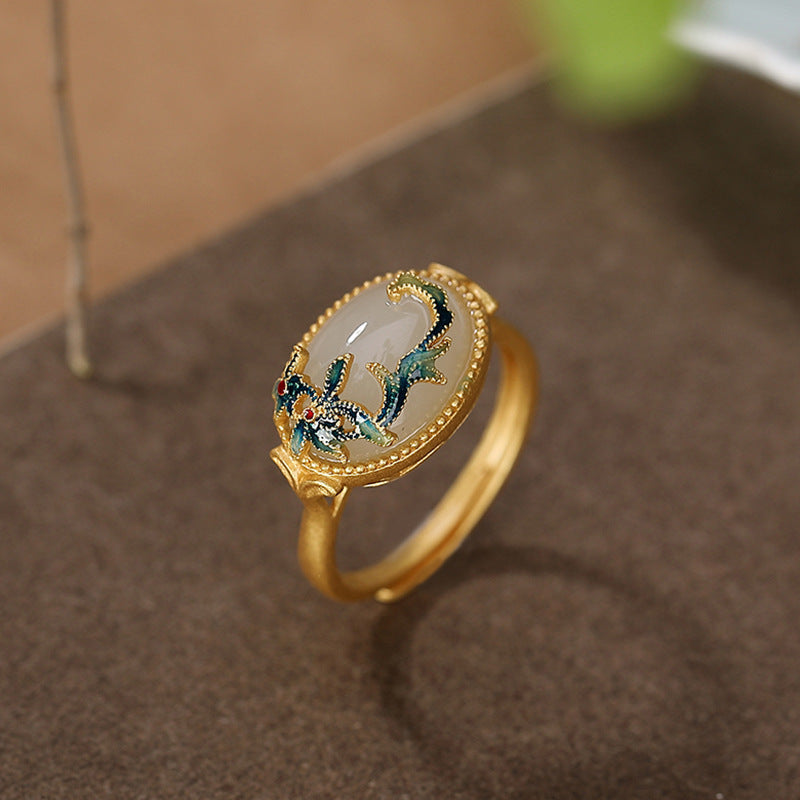 Enamel & Hetian Jade Vine Collection – Ring / Stud Earrings / Bracelet / Pendant, 18K Gold Vermeil