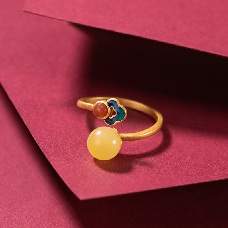 Ruyi Cloud Enamel Stud Earrings – Amber & White Jade, 18K Gold Vermeil