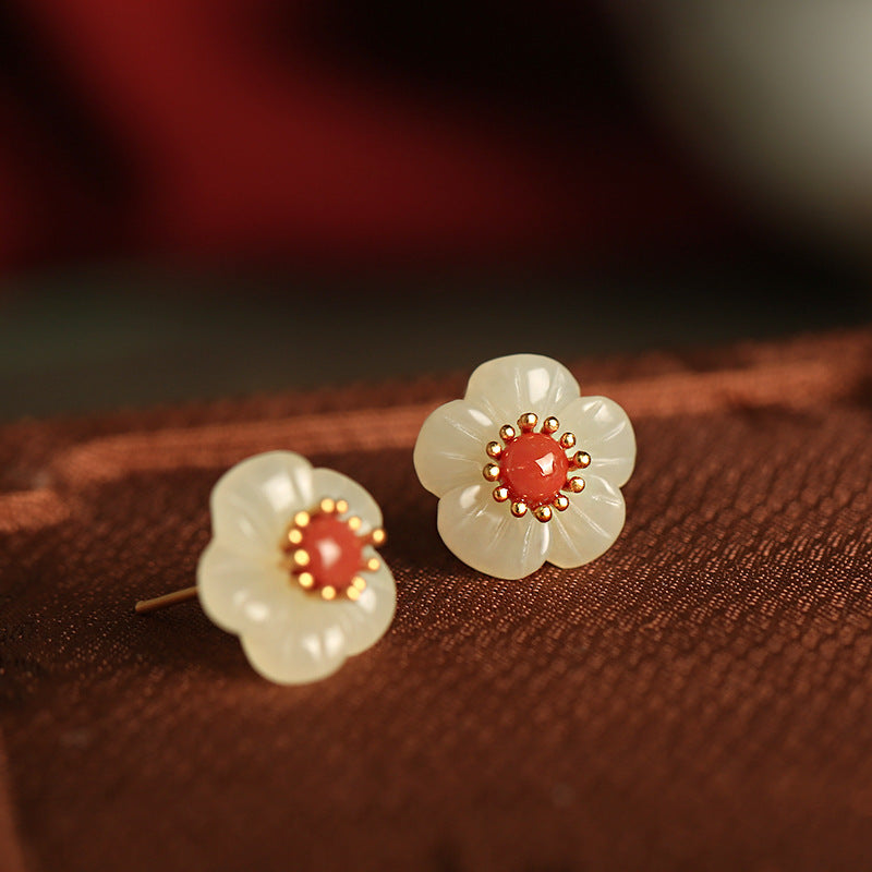 Hetian Jade Plum Blossom Stud Earrings – 18K Gold Vermeil