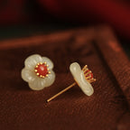 Hetian Jade Plum Blossom Stud Earrings – 18K Gold Vermeil