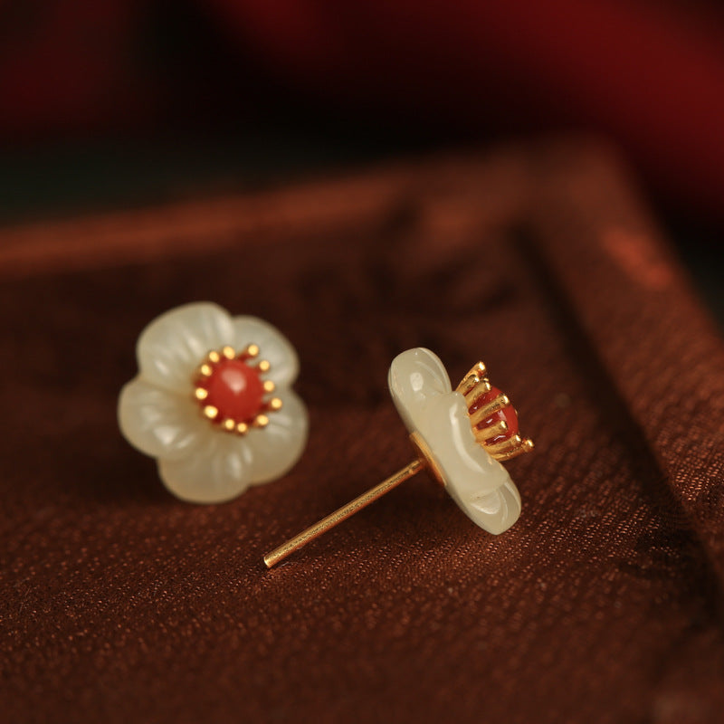 Hetian Jade Plum Blossom Stud Earrings – 18K Gold Vermeil