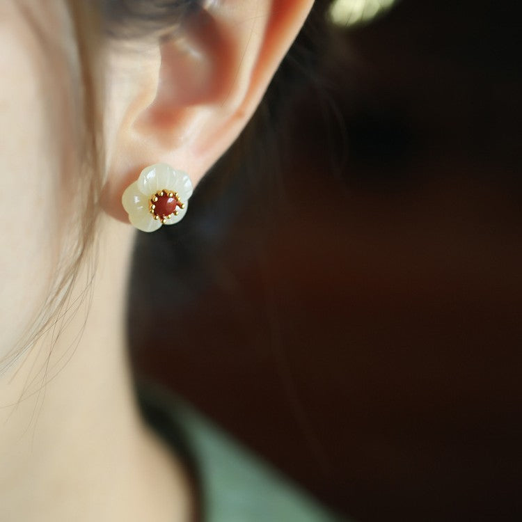 Hetian Jade Plum Blossom Stud Earrings – 18K Gold Vermeil
