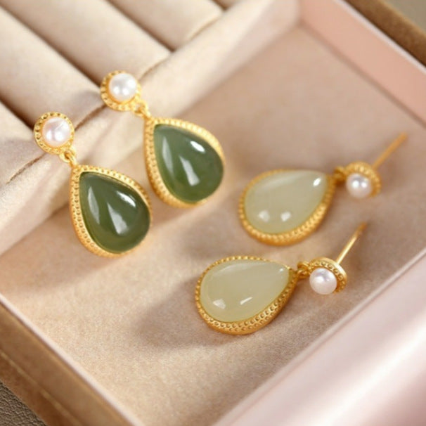 Hetian Green Jade & Pearl Stud Earrings – Dark / Light Jade, 18K Gold Vermeil
