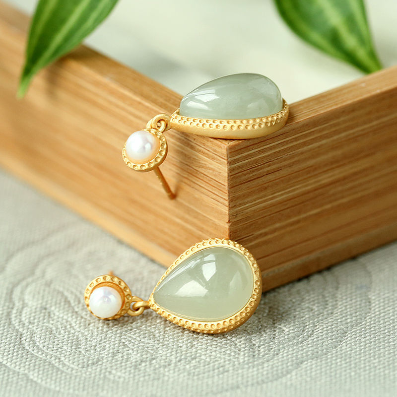 Hetian Green Jade & Pearl Stud Earrings – Dark / Light Jade, 18K Gold Vermeil