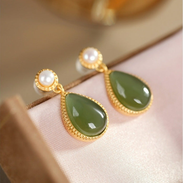 Hetian Green Jade & Pearl Stud Earrings – Dark / Light Jade, 18K Gold Vermeil