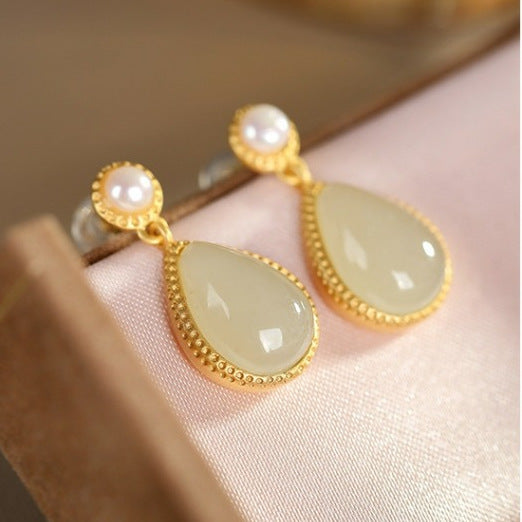 Hetian Green Jade & Pearl Stud Earrings – Dark / Light Jade, 18K Gold Vermeil