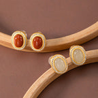 Round Gold-Inlaid Stud Earrings – Red Agate / White Chalcedony, 18K Gold Vermeil