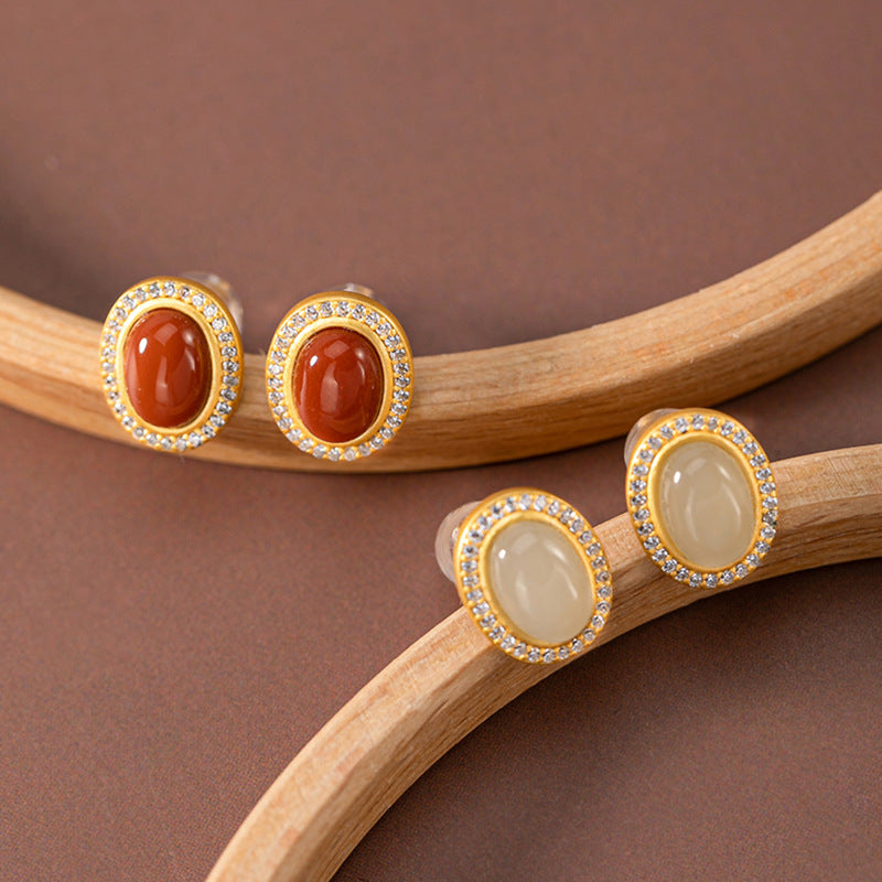 Round Gold-Inlaid Stud Earrings – Red Agate / White Chalcedony, 18K Gold Vermeil