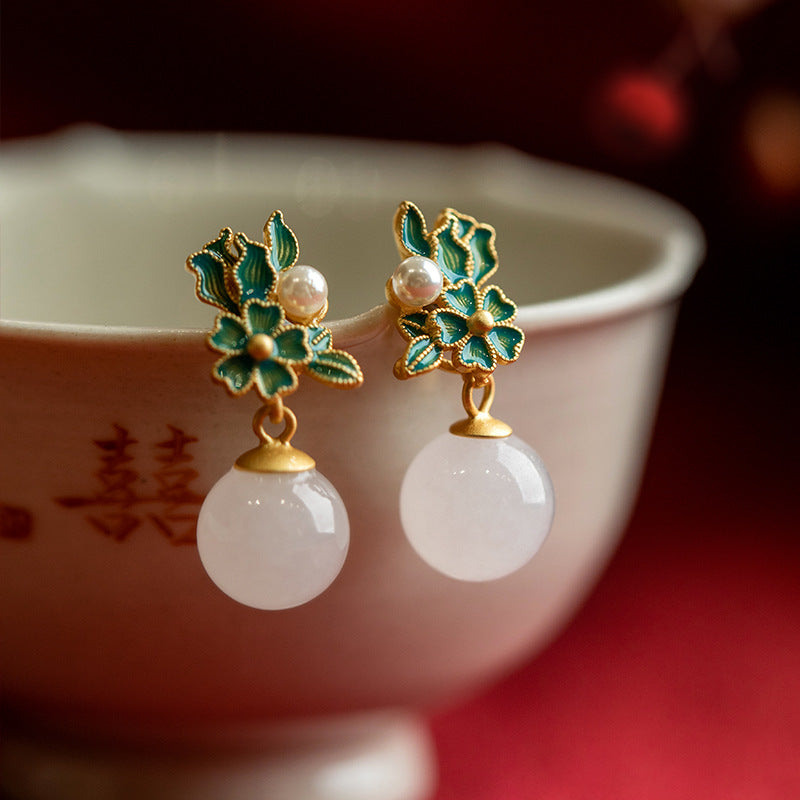Blossom Cluster Hetian Jade & Pearl Enamel Stud Earrings – 18K Gold Vermeil