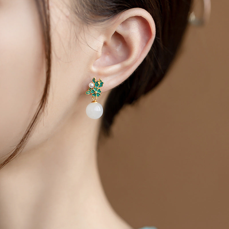 Blossom Cluster Hetian Jade & Pearl Enamel Stud Earrings – 18K Gold Vermeil