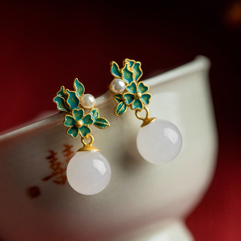 Blossom Cluster Hetian Jade & Pearl Enamel Stud Earrings – 18K Gold Vermeil
