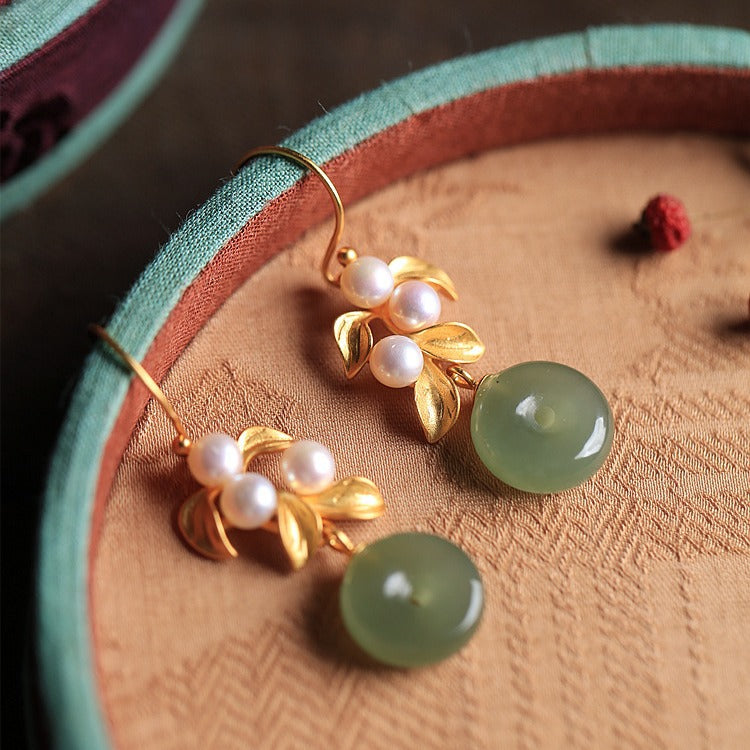 Hetian Jade Amulet & Pearl Earrings – 18K Gold Vermeil