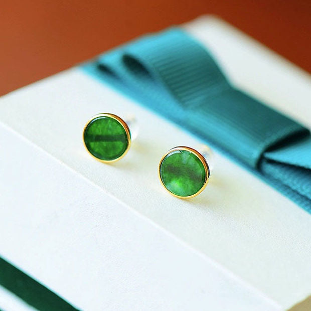 Round Hetian Green Jade Stud Earrings – 18K Gold Vermeil