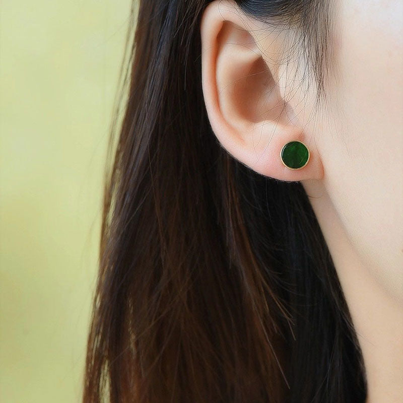 Round Hetian Green Jade Stud Earrings – 18K Gold Vermeil