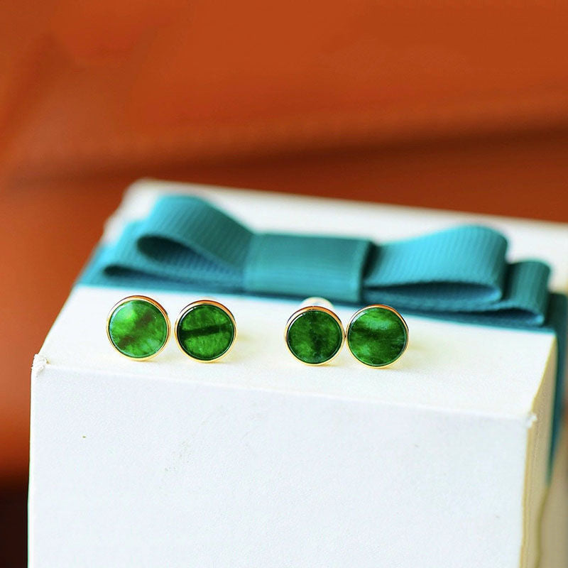 Round Hetian Green Jade Stud Earrings – 18K Gold Vermeil