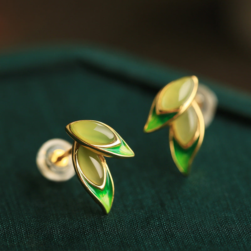 Hetian Jade Bamboo Stud Earrings – 18K Gold Vermeil