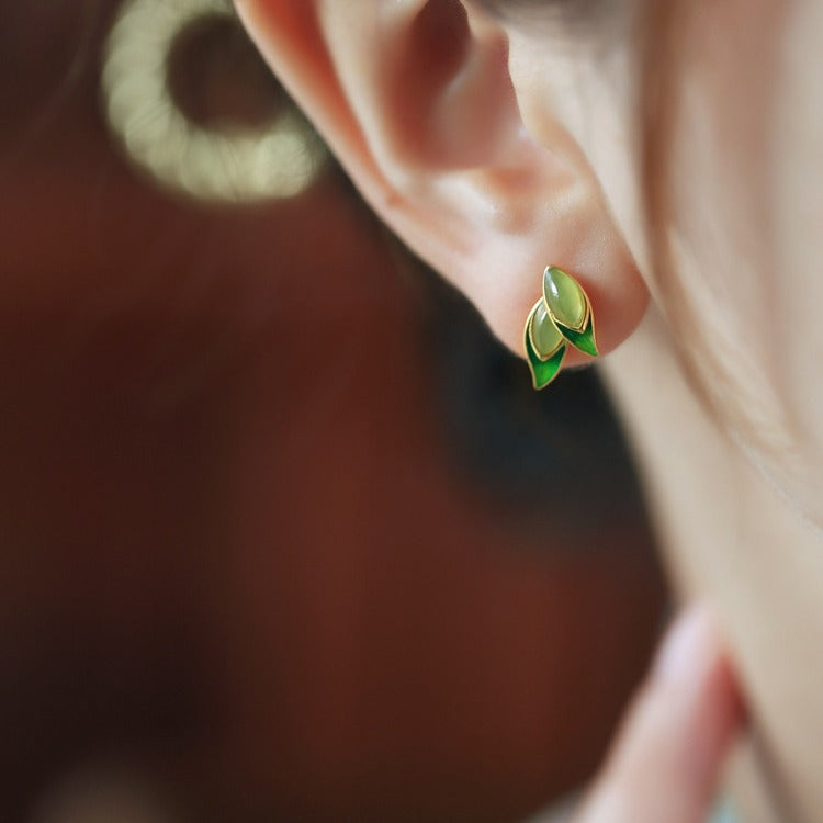 Hetian Jade Bamboo Stud Earrings – 18K Gold Vermeil