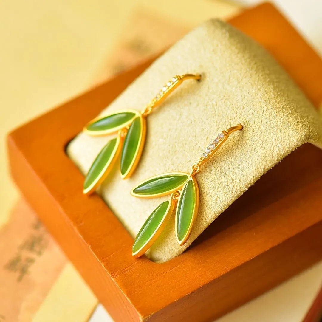 Hetian Jade Bamboo Leaf Earrings – 18K Gold Vermeil