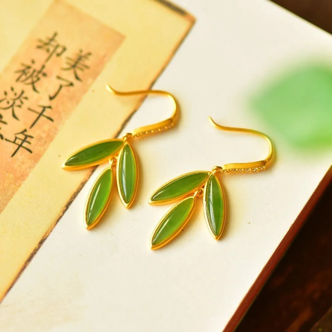 Hetian Jade Bamboo Leaf Earrings – 18K Gold Vermeil