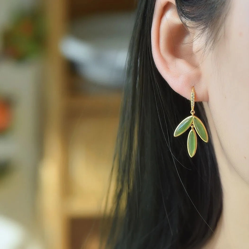 Hetian Jade Bamboo Leaf Earrings – 18K Gold Vermeil