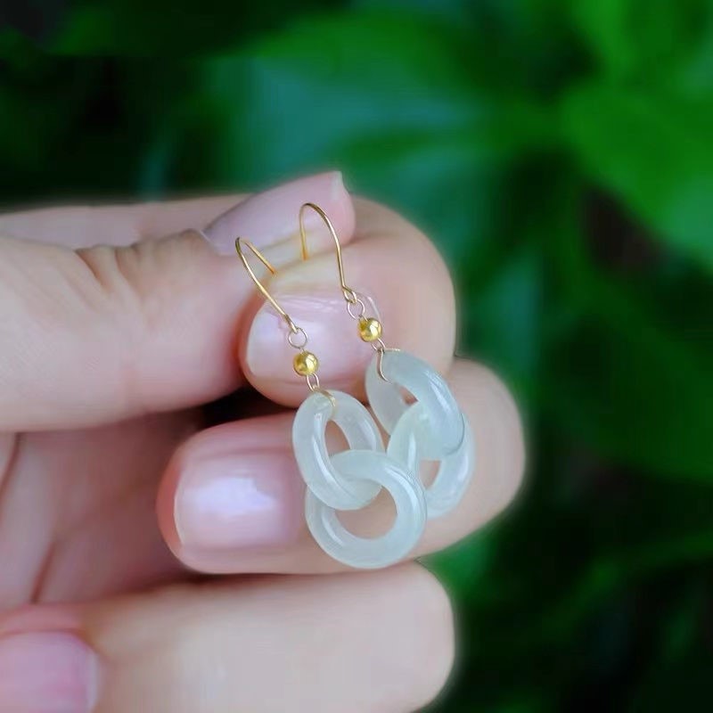 Hetian Jade Linked Circle Earrings – Green Jade / White Jade, 18K Gold Vermeil