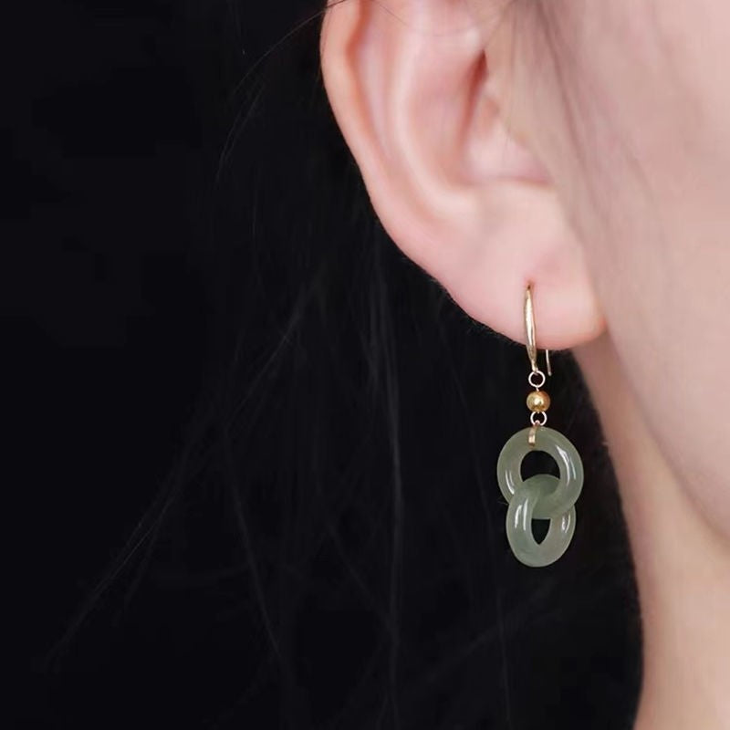 Hetian Jade Linked Circle Earrings – Green Jade / White Jade, 18K Gold Vermeil