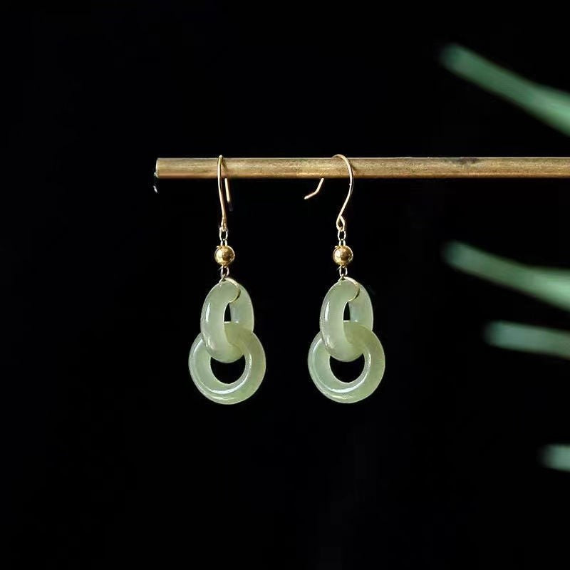 Hetian Jade Linked Circle Earrings – Green Jade / White Jade, 18K Gold Vermeil