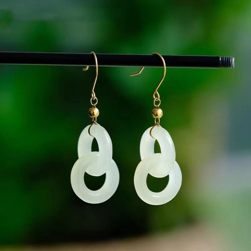 Hetian Jade Linked Circle Earrings – Green Jade / White Jade, 18K Gold Vermeil