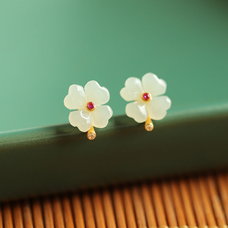 Hetian Jade Four-Leaf Clover Stud Earrings – Green Jade / White Jade, 18K Gold Vermeil