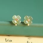 Hetian Jade Four-Leaf Clover Stud Earrings – Green Jade / White Jade, 18K Gold Vermeil