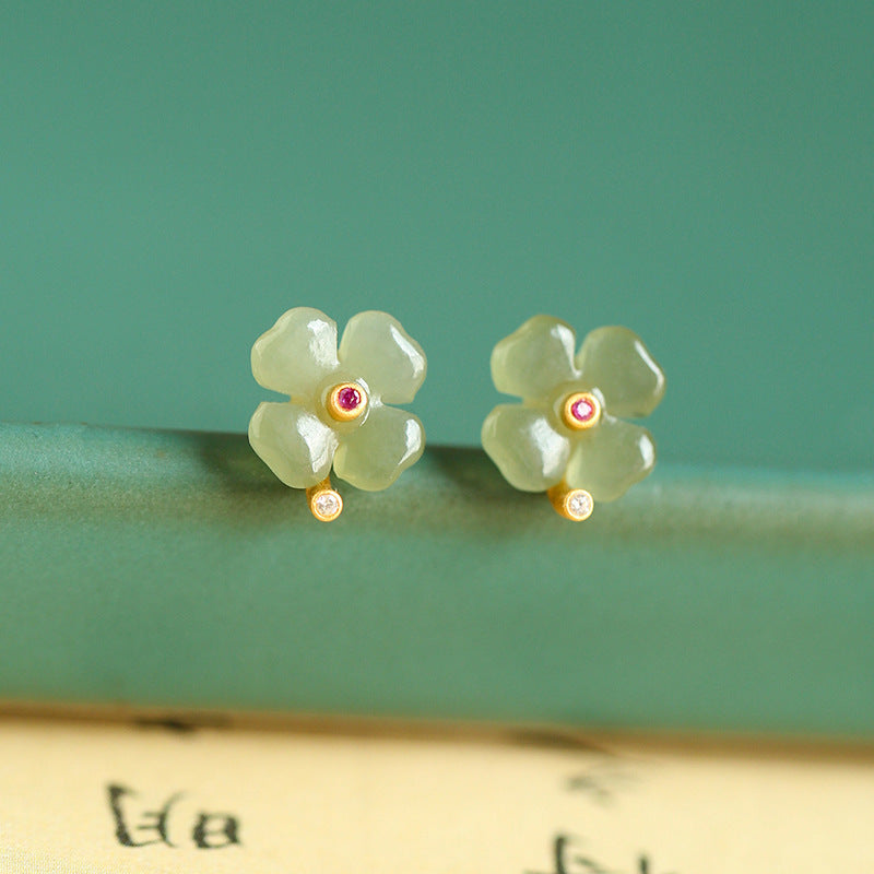 Hetian Jade Four-Leaf Clover Stud Earrings – Green Jade / White Jade, 18K Gold Vermeil