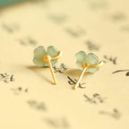 Hetian Jade Four-Leaf Clover Stud Earrings – Green Jade / White Jade, 18K Gold Vermeil
