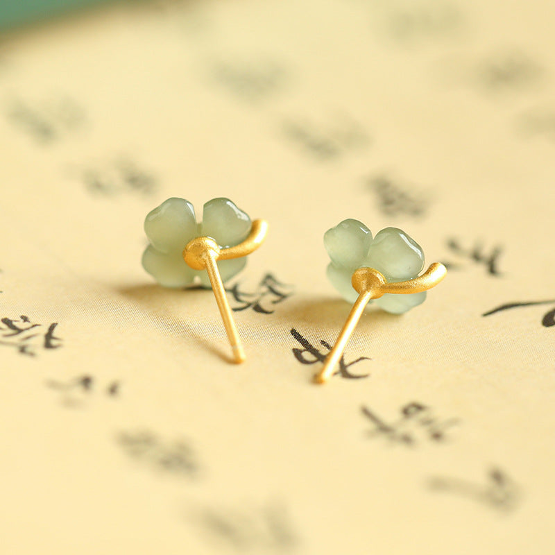 Hetian Jade Four-Leaf Clover Stud Earrings – Green Jade / White Jade, 18K Gold Vermeil