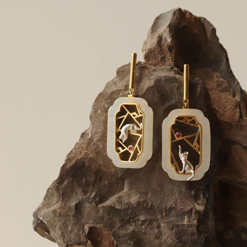 Window Cat Jade Stud Earrings – Sterling Silver / Gold