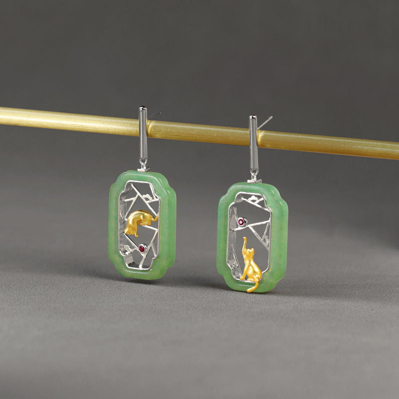 Window Cat Jade Stud Earrings – Silver / Gold