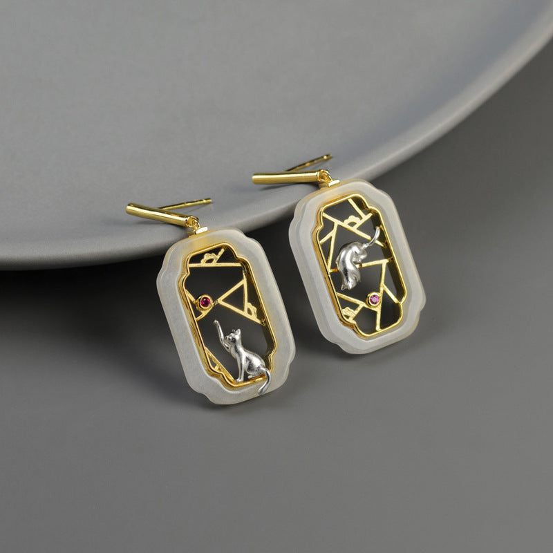 Window Cat Jade Stud Earrings – Sterling Silver / Gold