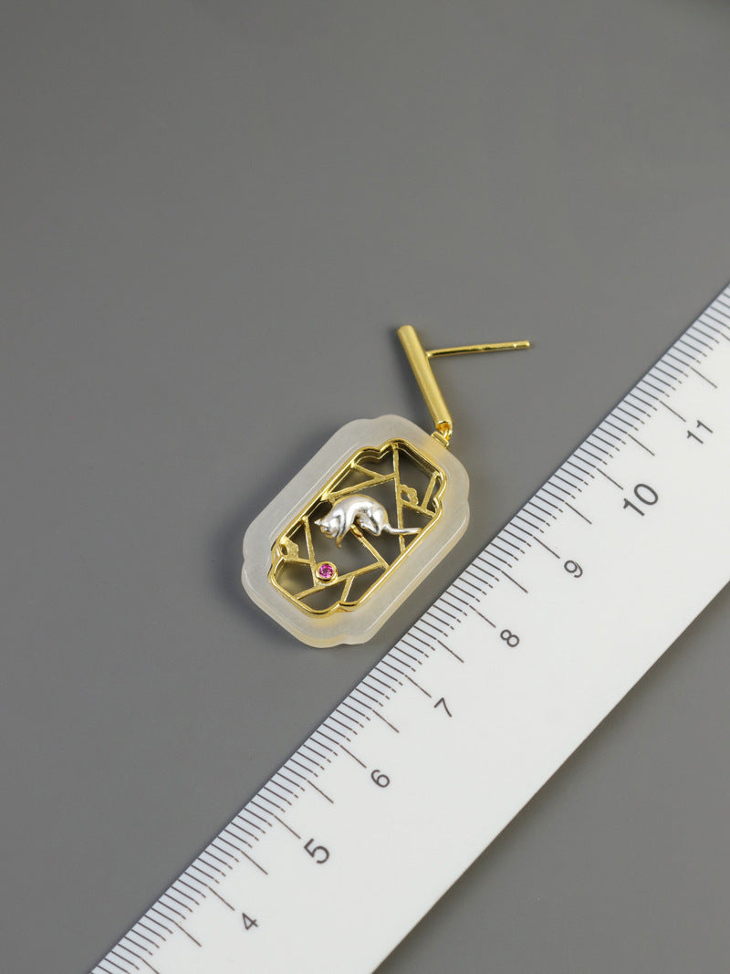 Window Cat Jade Stud Earrings – Silver / Gold
