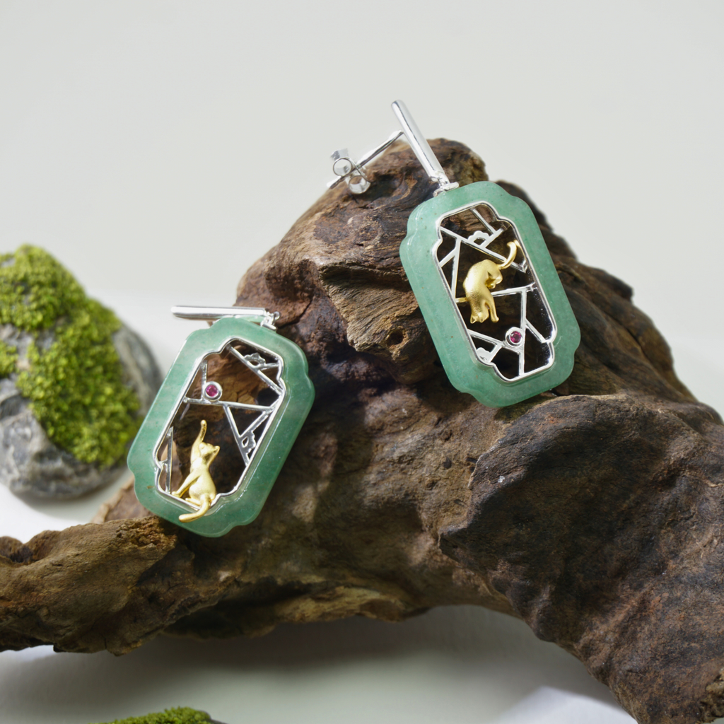 Window Cat Jade Stud Earrings – Silver / Gold
