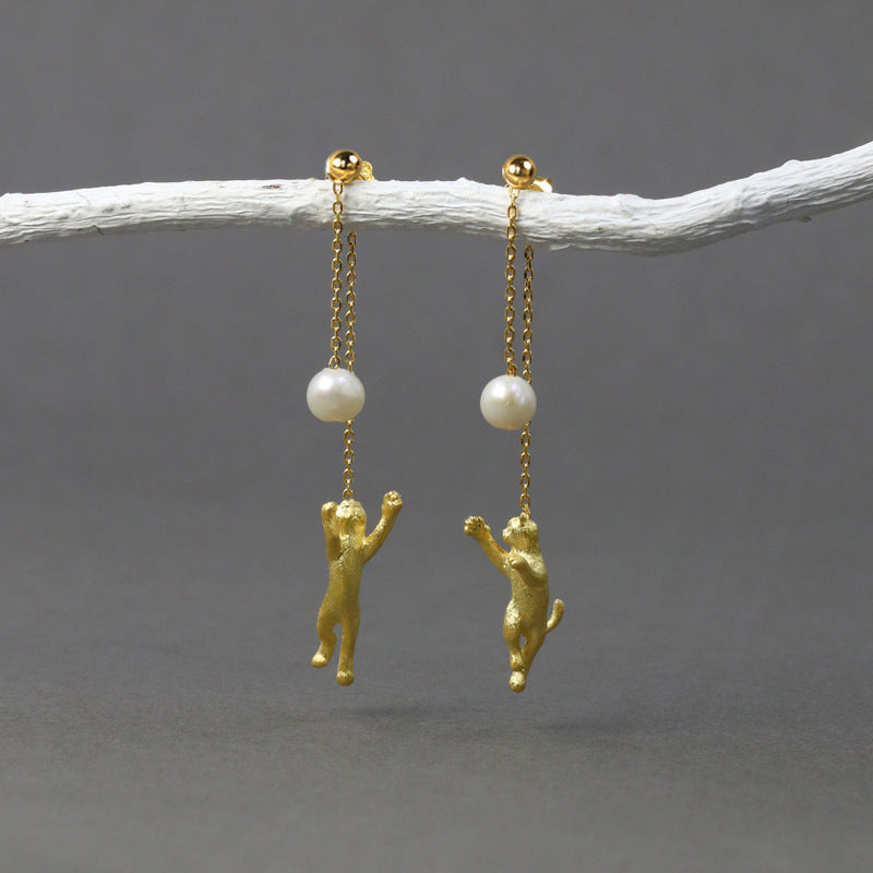 Cat Chasing Moon Pearl Stud Earrings – Sterling Silver
