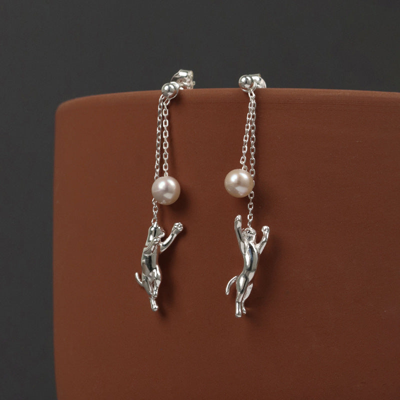 Cat Chasing Moon Pearl Stud Earrings – Sterling Silver