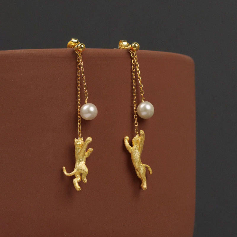 Cat Chasing Moon Pearl Stud Earrings – Sterling Silver