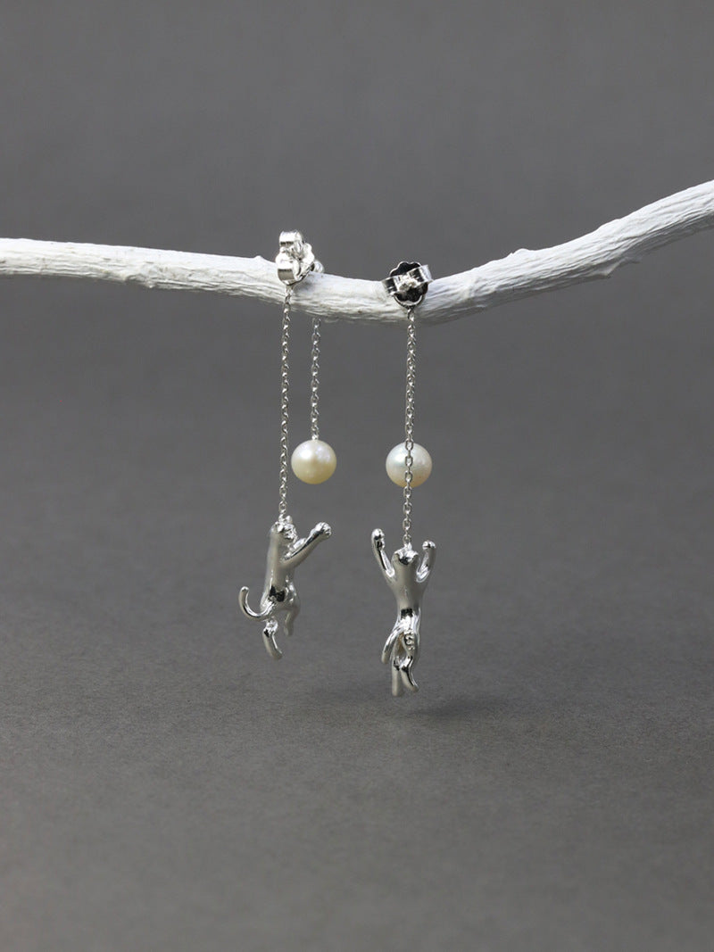 Cat Chasing Moon Pearl Stud Earrings – Sterling Silver