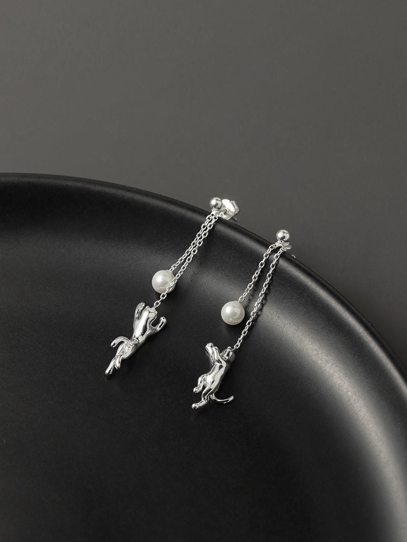 Cat Chasing Moon Pearl Stud Earrings – Sterling Silver