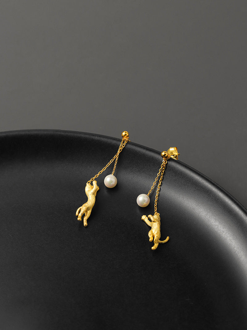 Cat Chasing Moon Pearl Stud Earrings – Sterling Silver
