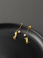 Cat Chasing Moon Pearl Stud Earrings – Sterling Silver