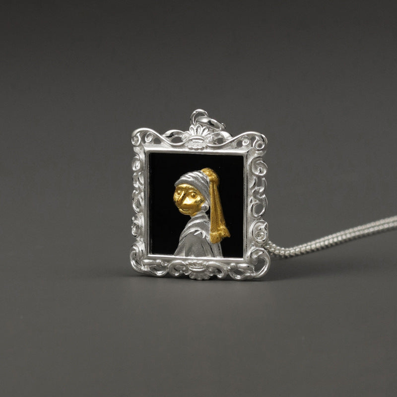 Girl with a Pearl Cat Pendant – Sterling Silver with Onyx